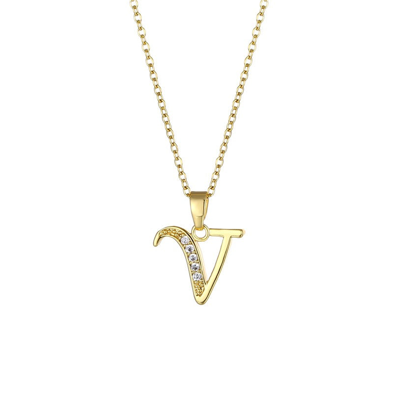 Jewelry English Letter Copper Zircon Pendant Women's Stainless Steel Cross Chain 18K Gold Diamond Set Necklace