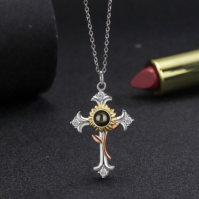 s925 sterling silver, 100 language projection necklace, sunflower studded diamond cross pendant, niche design trend decoration