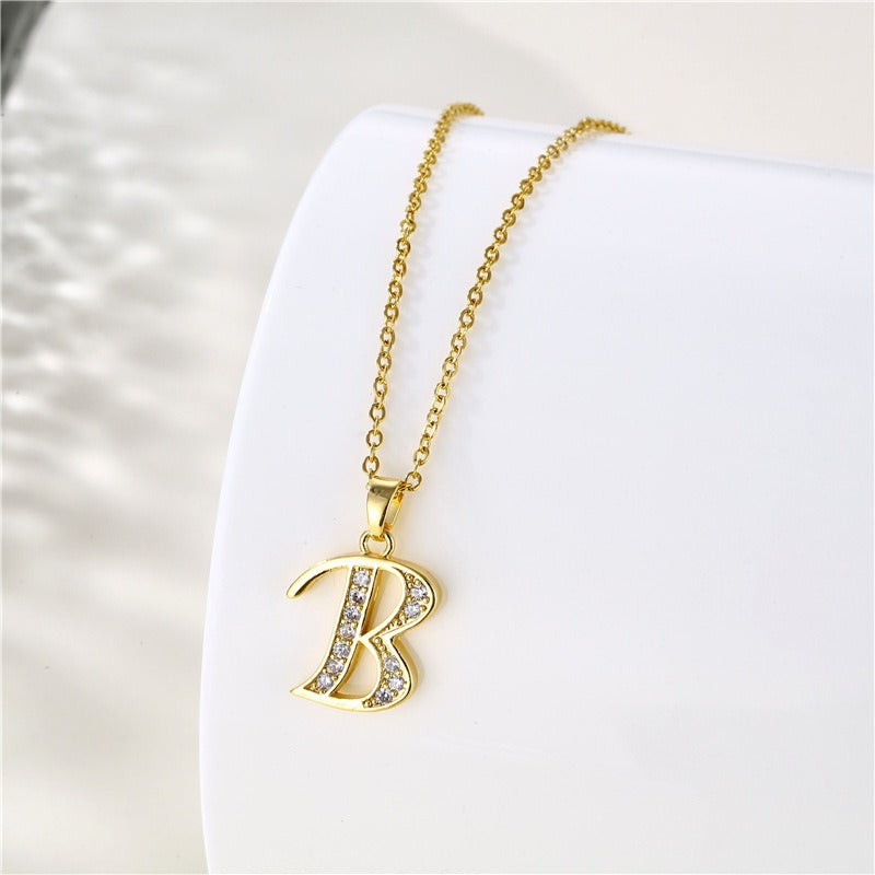 Jewelry English Letter Copper Zircon Pendant Women's Stainless Steel Cross Chain 18K Gold Diamond Set Necklace