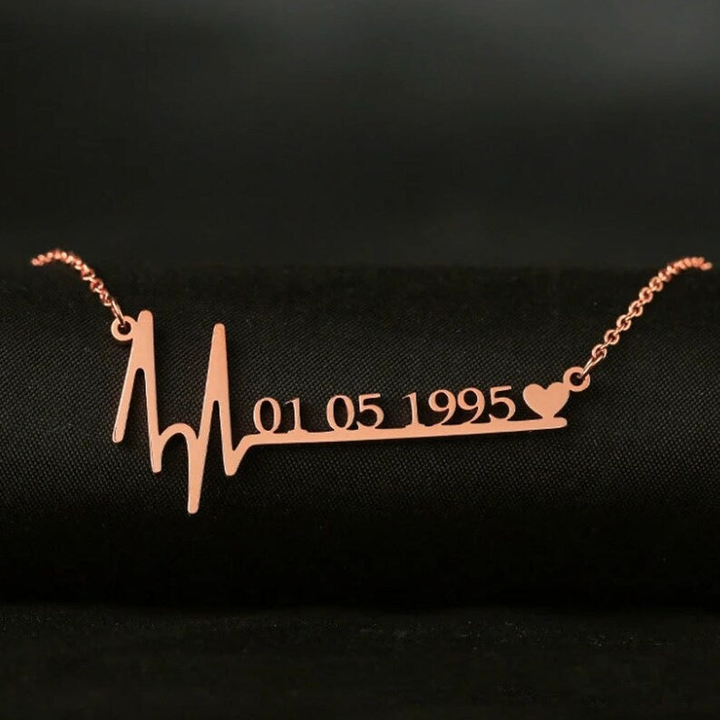 45cm  Custom Name Heartbeat Date Necklace Stainless Steel Jewelry Birthday Gift for Wife Lucky Numbers Pendant Necklace Women Chokers