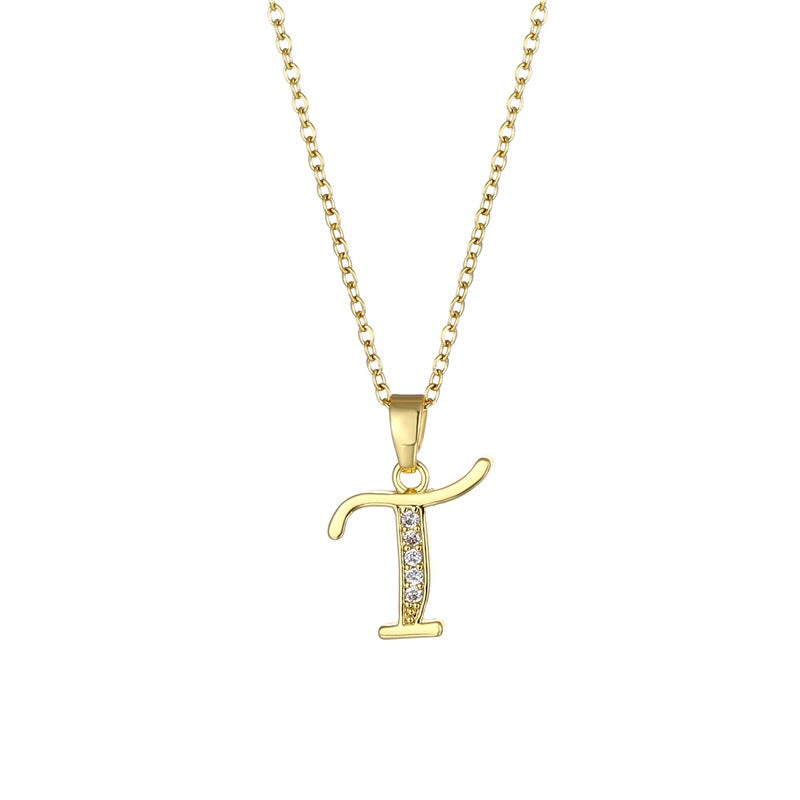Jewelry English Letter Copper Zircon Pendant Women's Stainless Steel Cross Chain 18K Gold Diamond Set Necklace