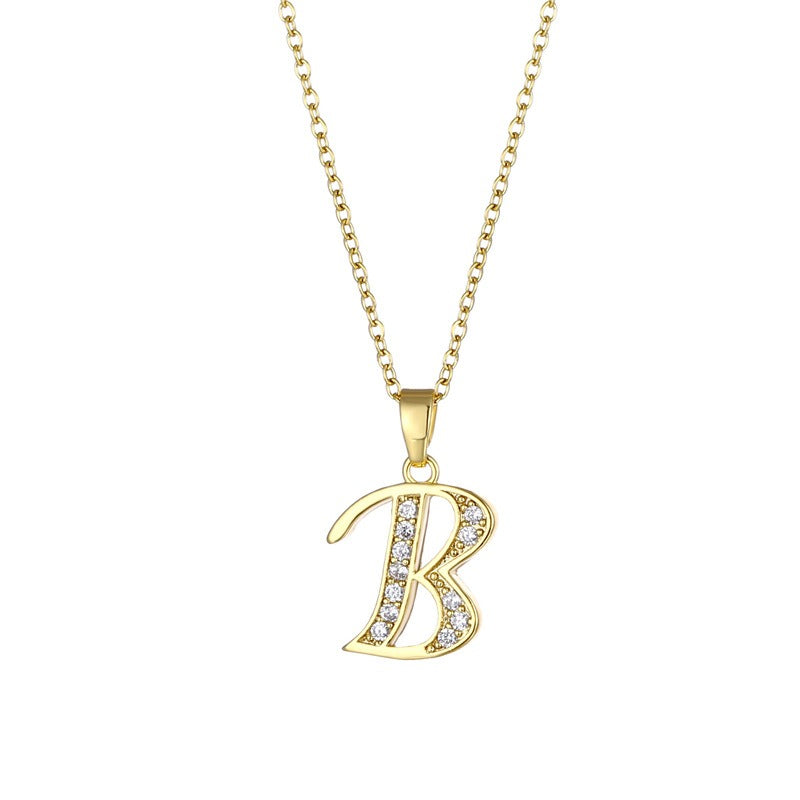 Jewelry English Letter Copper Zircon Pendant Women's Stainless Steel Cross Chain 18K Gold Diamond Set Necklace