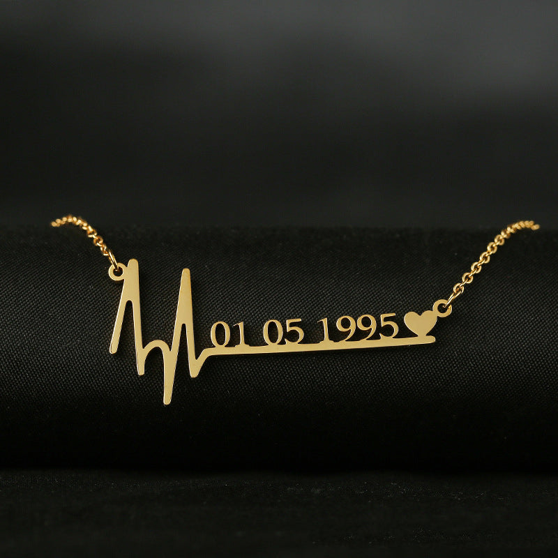 45cm  Custom Name Heartbeat Date Necklace Stainless Steel Jewelry Birthday Gift for Wife Lucky Numbers Pendant Necklace Women Chokers
