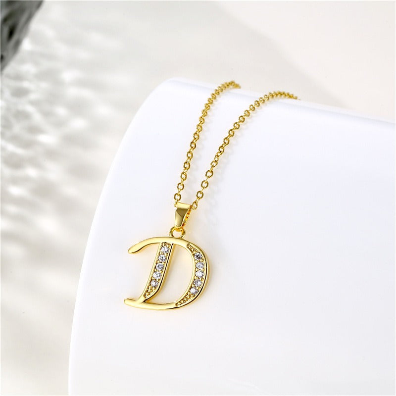 Jewelry English Letter Copper Zircon Pendant Women's Stainless Steel Cross Chain 18K Gold Diamond Set Necklace