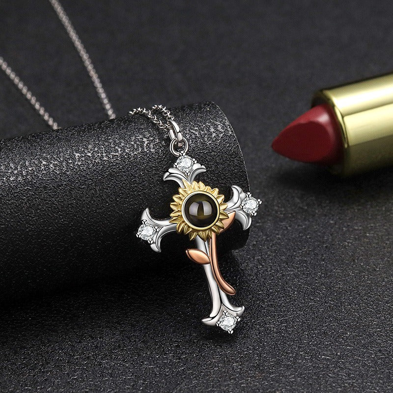 s925 sterling silver, 100 language projection necklace, sunflower studded diamond cross pendant, niche design trend decoration