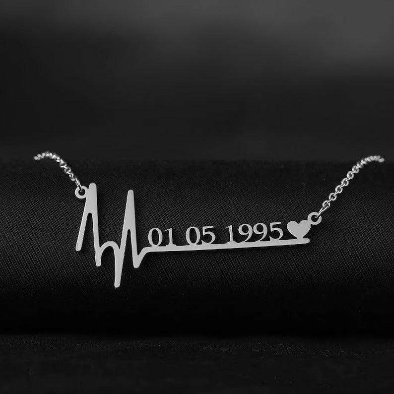 45cm  Custom Name Heartbeat Date Necklace Stainless Steel Jewelry Birthday Gift for Wife Lucky Numbers Pendant Necklace Women Chokers