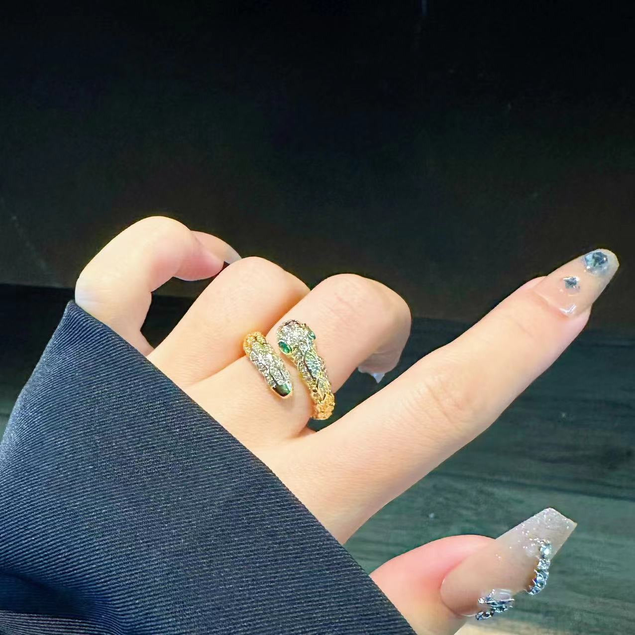 Creative and personalized geometric snake shaped ring for women with pure copper micro inlaid zircon open ring accessories