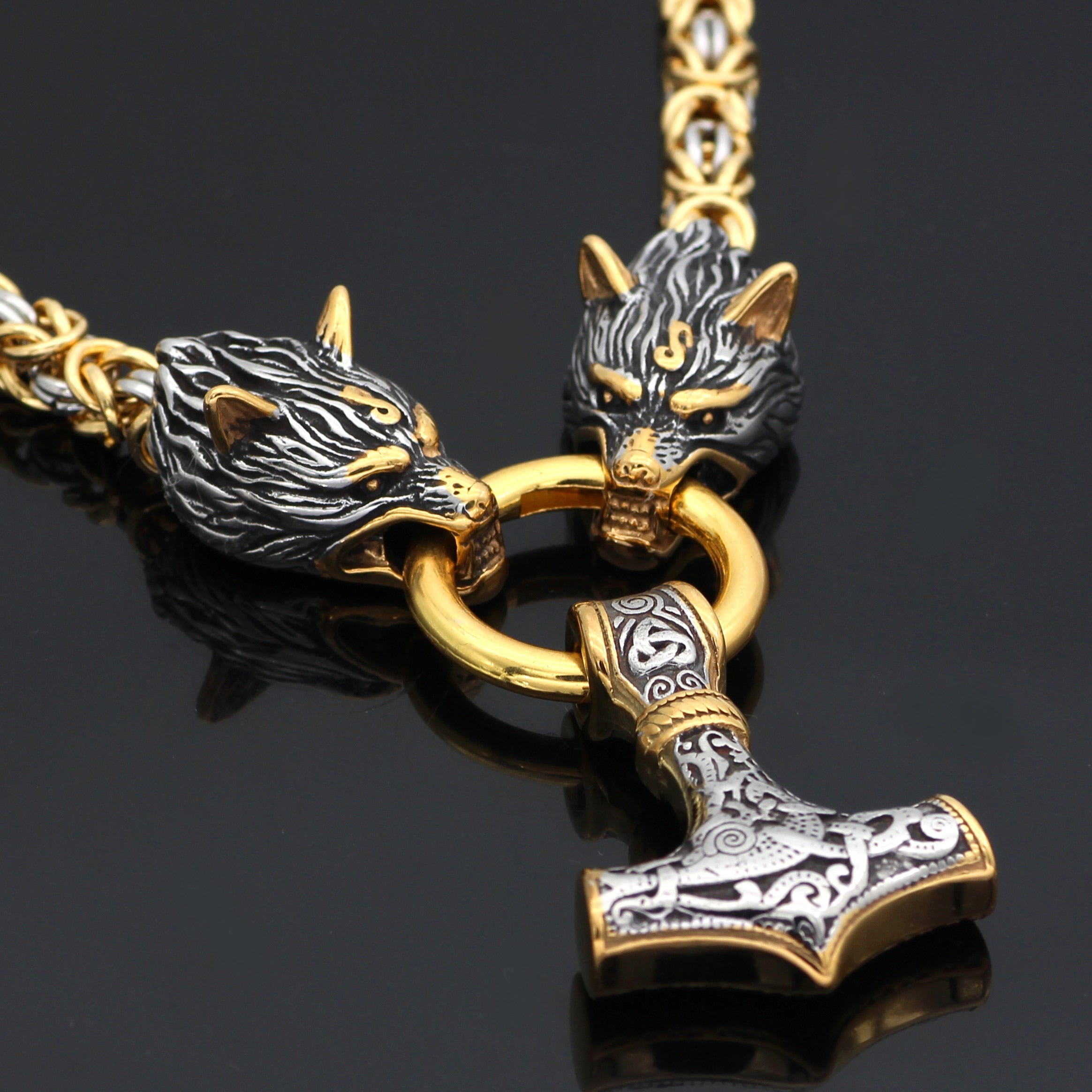 Men stainless steel Wolf head norse viking amulet thor hammer pendant necklace viking king chain