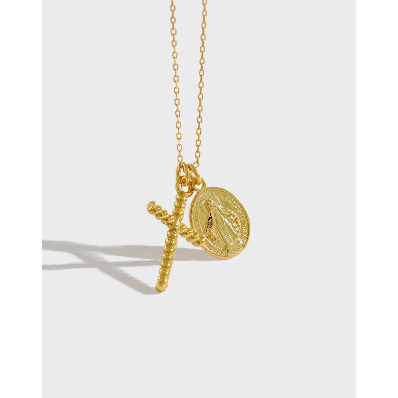 S925 sterling silver necklace INS niche versatile gold-plated twist cross coin tag women's necklace