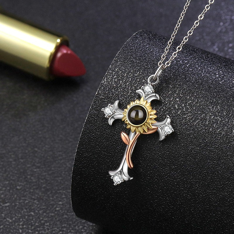 s925 sterling silver, 100 language projection necklace, sunflower studded diamond cross pendant, niche design trend decoration